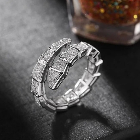 Silver Zircon Snake Bangle Bracelet Ring Set, Luxury - Picture 8 of 8